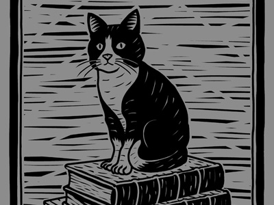 Fake woodcut illustration of a cat sitting on a stack of books