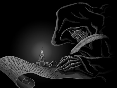 A skeleton wearing a hooded robe, seated and writing on a scroll with a quill pen.