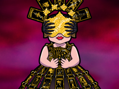 A cartoony person wearing a dress made of black and gold tarot cards.