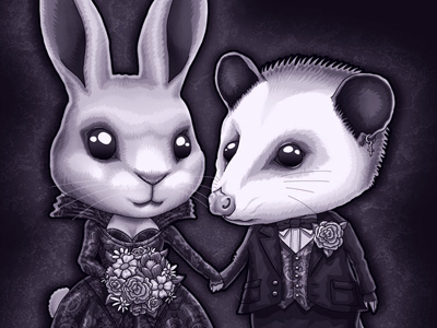 A cute rabbit and opossum couple wearing old timey fancy clothing.