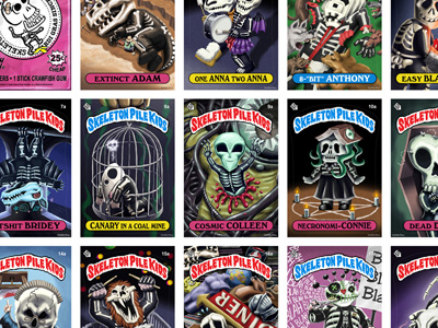 A group of illustrations in the style of Garbage Pail Kids; they're all skeletons in various poses and costumes