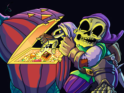 Cartoony skeleton reaching into a pumpkin-shaped chest.