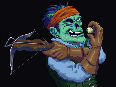 Cartoony zombie in medieval attire pointing his crossbow back over his shoulder, and in his other hand he's holding his eyeball pointed backward over his shoulder to help him aim.