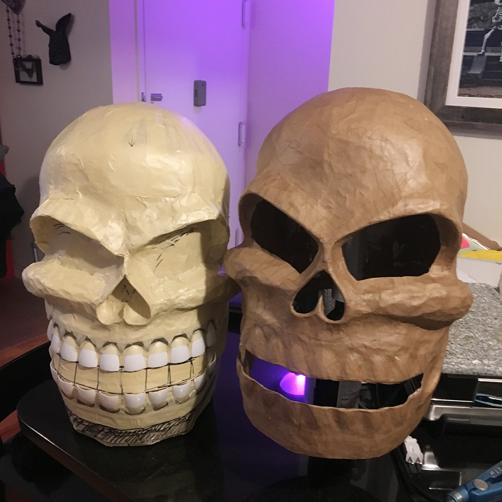 Twin paper mache skull masks - ready to begin the second skull