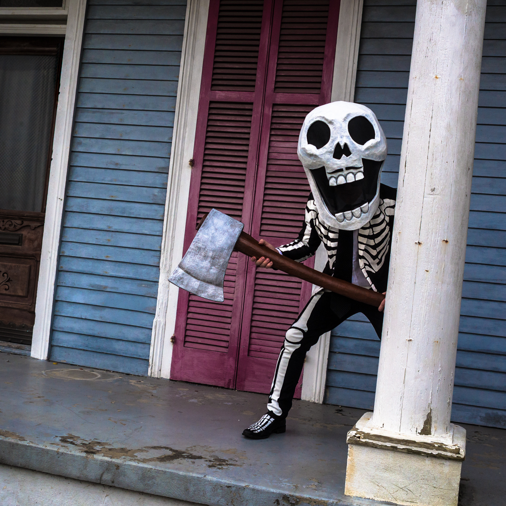 Axe Man paper mache skull mask and skeleton costume by Manning Krull, 2017