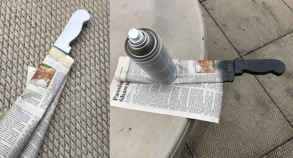 Paper mache kitchen knife - masking the blade and spray painting the handle