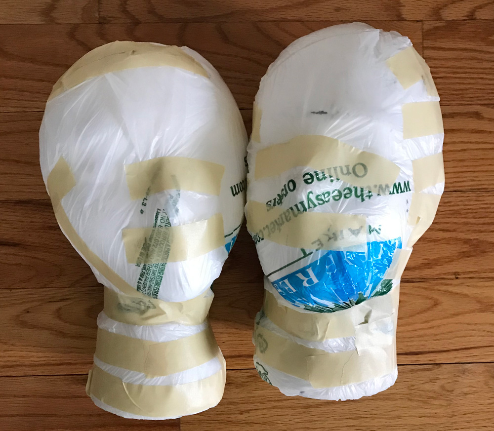 Easy paper mache severed heads for Halloween -- plastic bags on styrofoam heads
