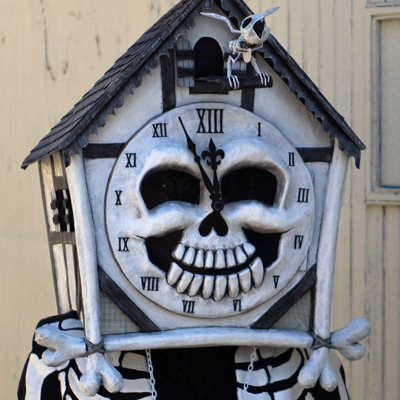 Paper mache cuckoo clock skull mask by Manning Krull