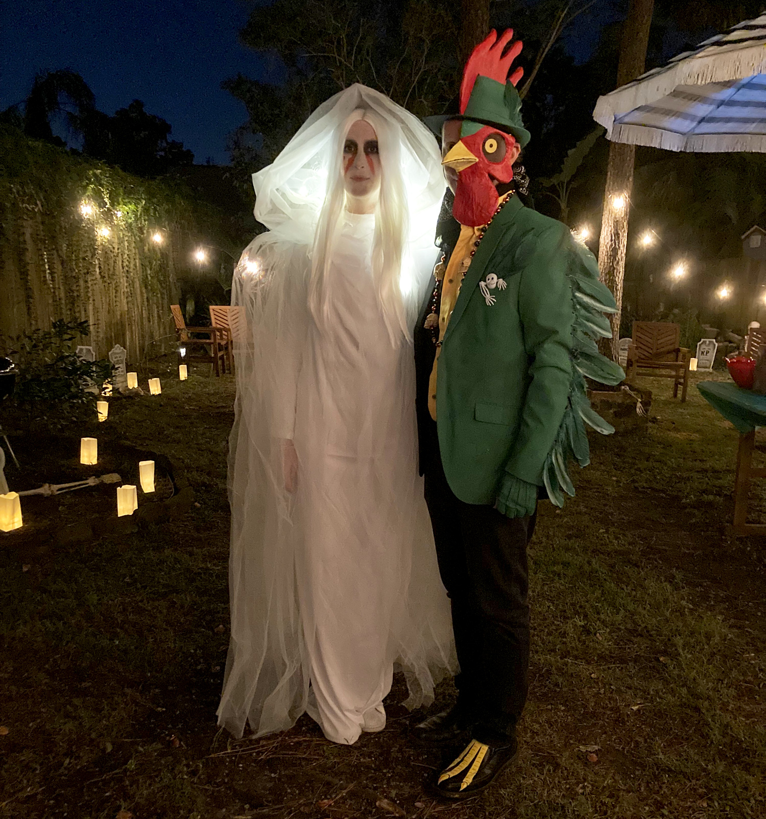 La Dame Blanche and the Rooster Man Halloween costumes