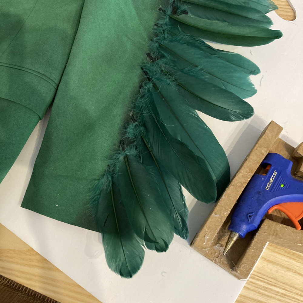 Rooster Man costume - attaching feathers to jacket