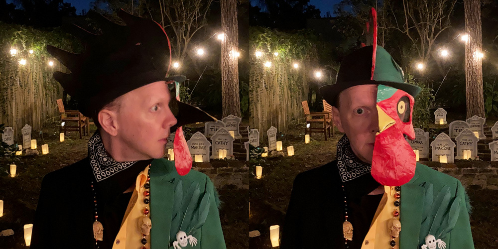 Rooster Man costume - human side and front view