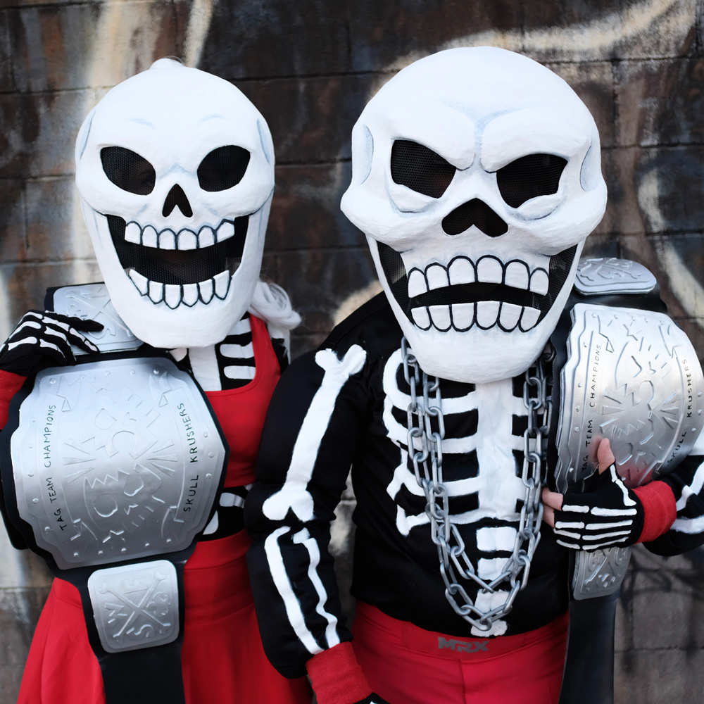 Pro wrestler skeleton costumes - close up of The Skull Krushers