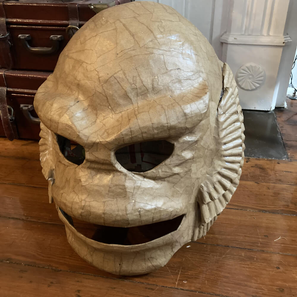 Creature mask WIP - paper mache on gills completed, side view of mask