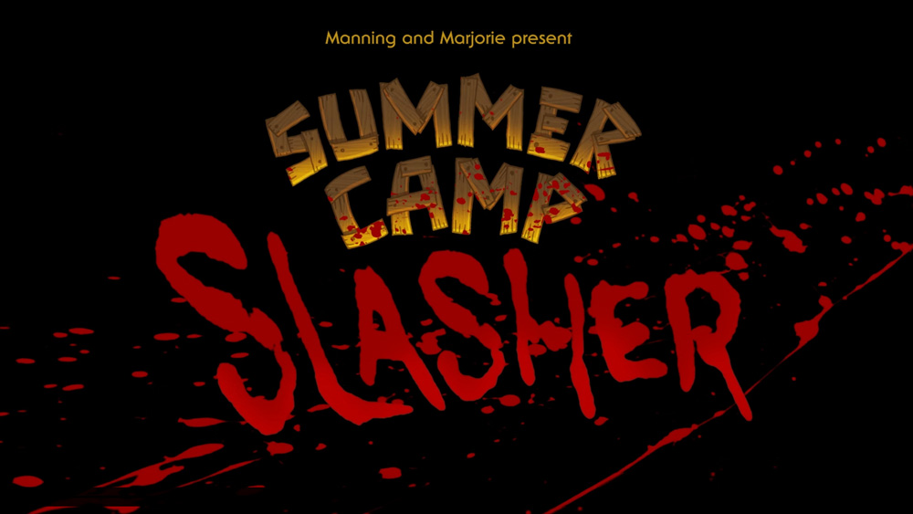 The logo for the party with letters made from wood and blood spatter.
