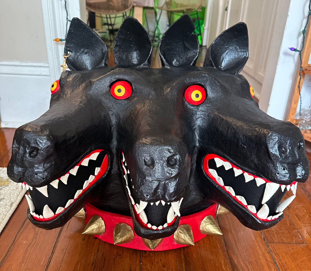 front view of the Cerberus mask on the floor