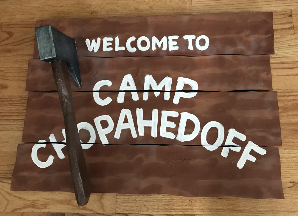 Fake wooden sign - hatchet prop!