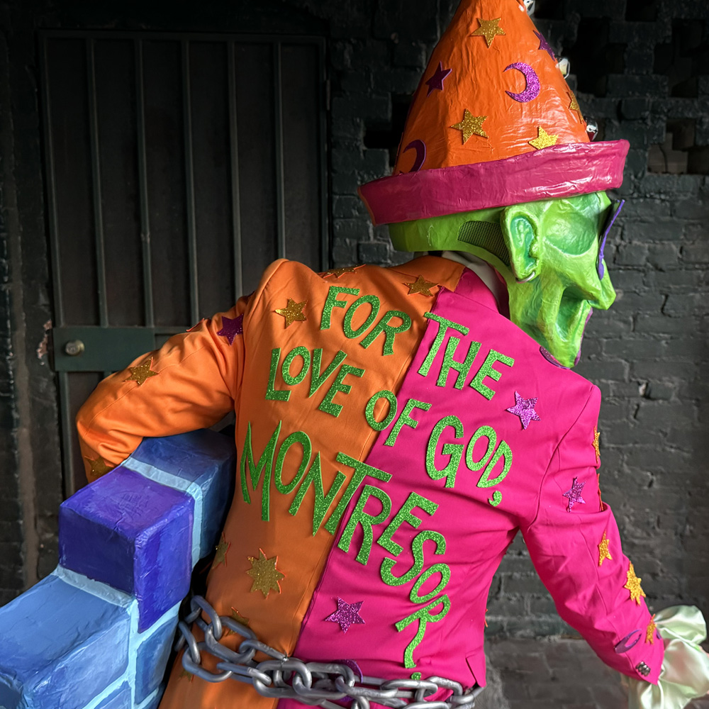 Back view showing the text on the back of my jacket that says, For the love of god, Montresor!