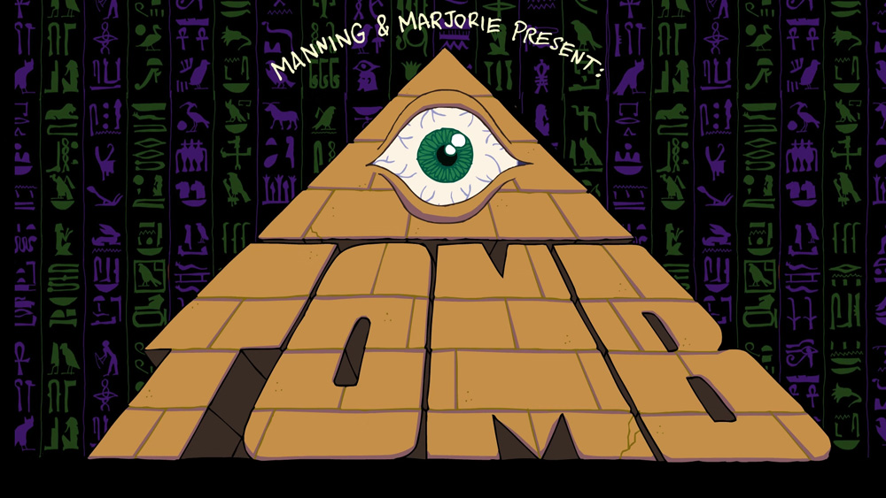 The logo for the party; the word Tomb shaped like a pyramid.