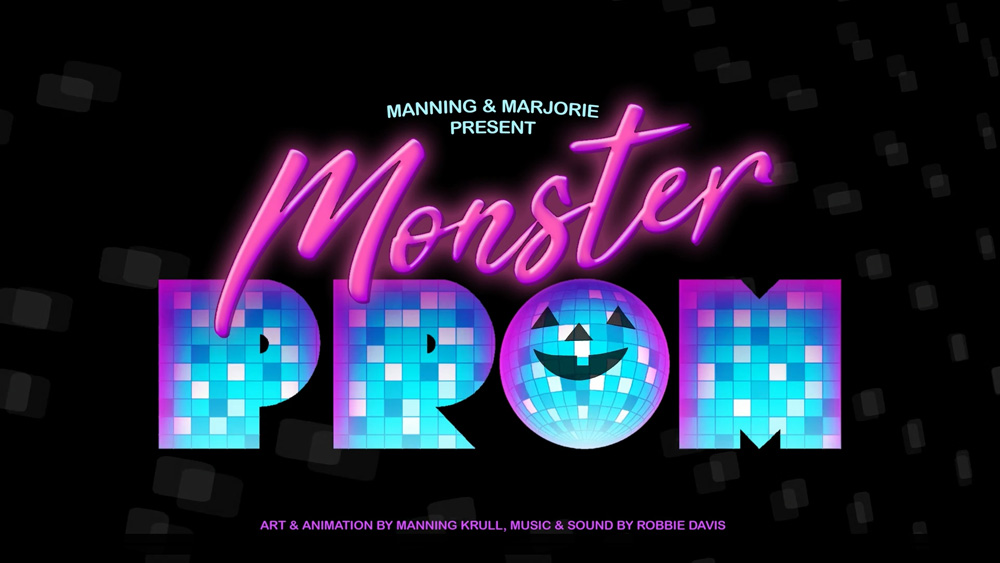 The logo for the party in magenta and teal letters; the word Prom is made out of little disco ball mirror tiles, and the letter O is a disco ball jack o' lantern.