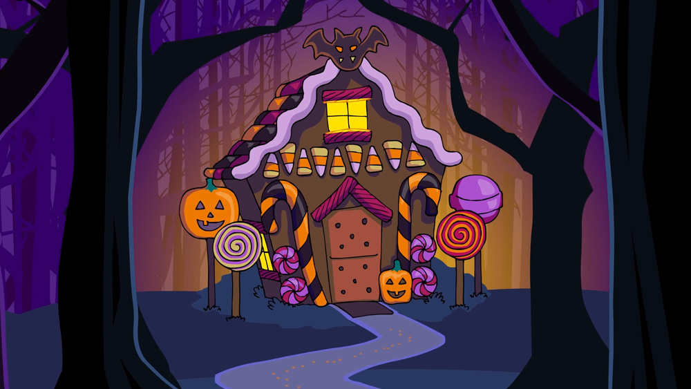 A cartoon drawing of a gingerbread house in a spooky forest at night.