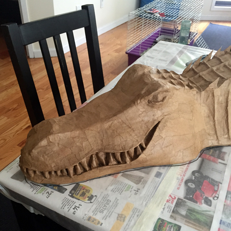 Paper mach&eacute; alligator head detail, before painting