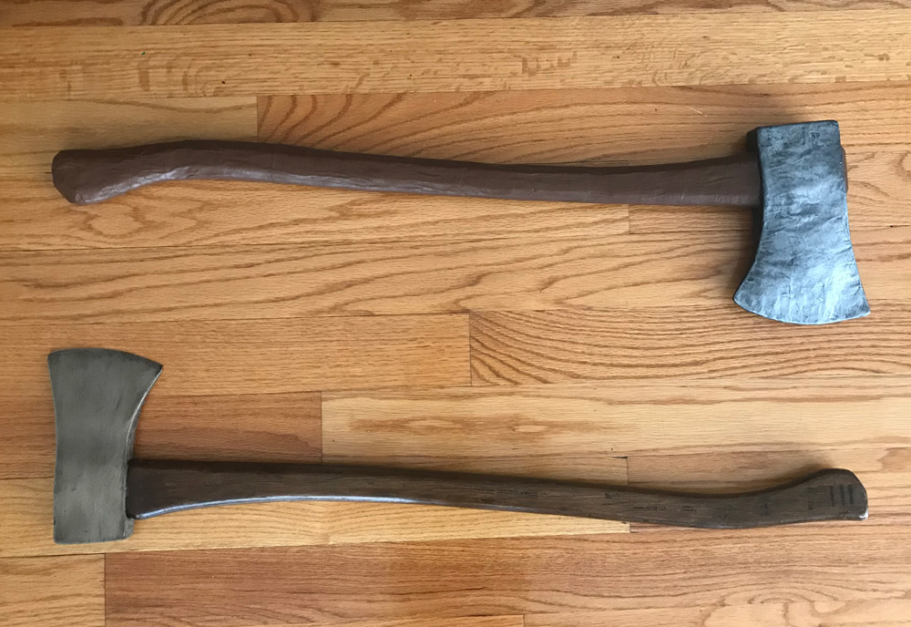 Paper mache axe and real axe