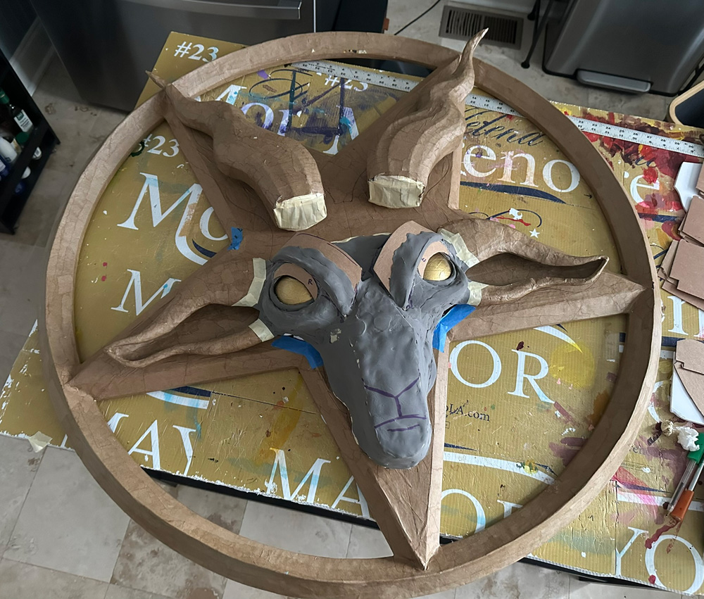The mostly finished sculpture, horns not attached, and not yet painted.