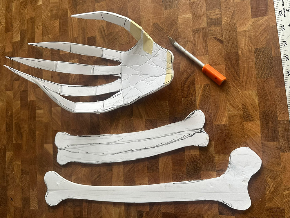 Three shapes cut out of foam board: an upper arm bone, a set of forearm bones, and a hand with long pointy fingers.