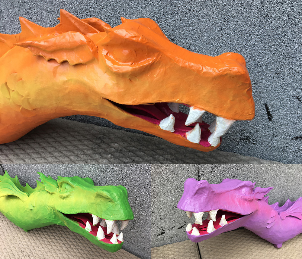 Paper mache three-headed dragon - head closeups