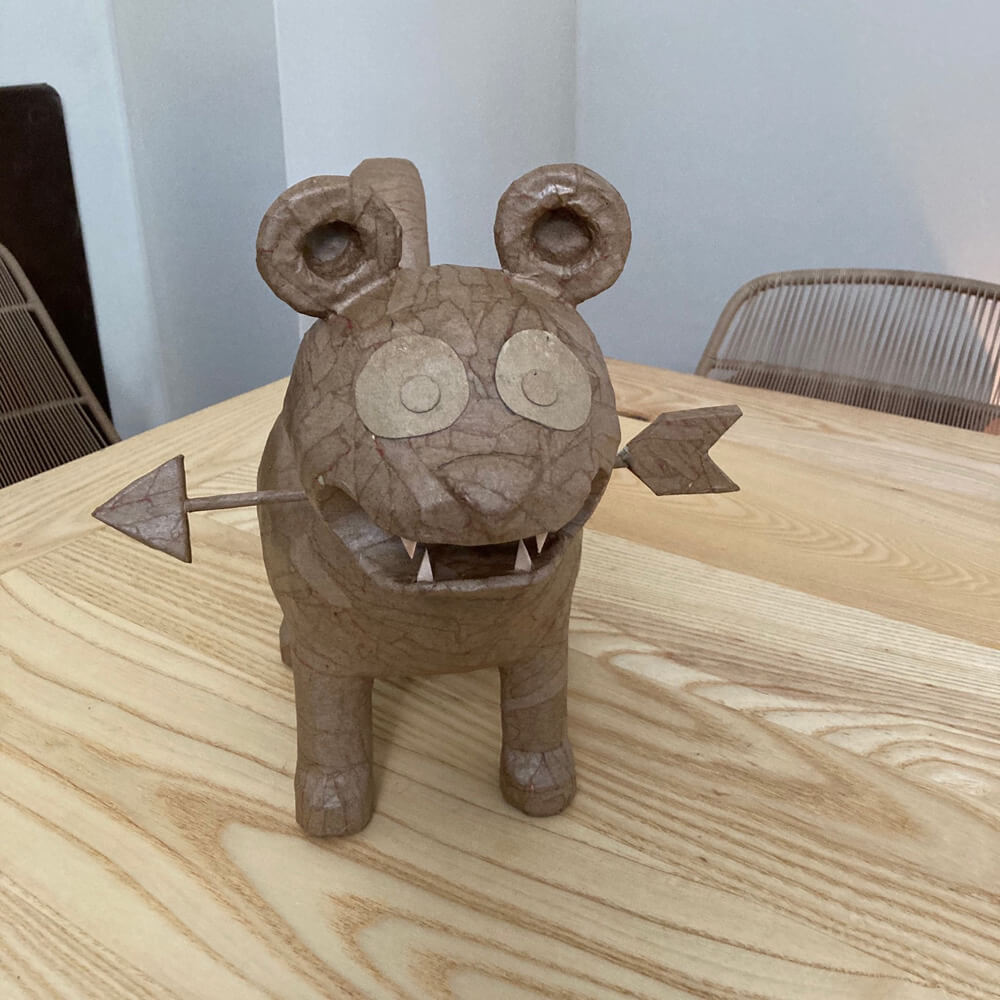 Tiger pinata sculpture - another angle of the finished paper mache