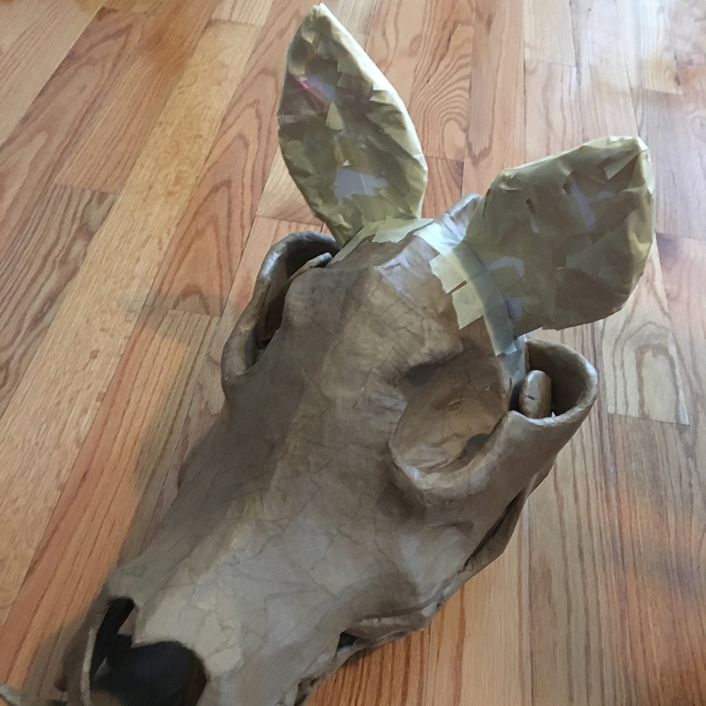 Wolf skull mask - front view of the ears with tape
