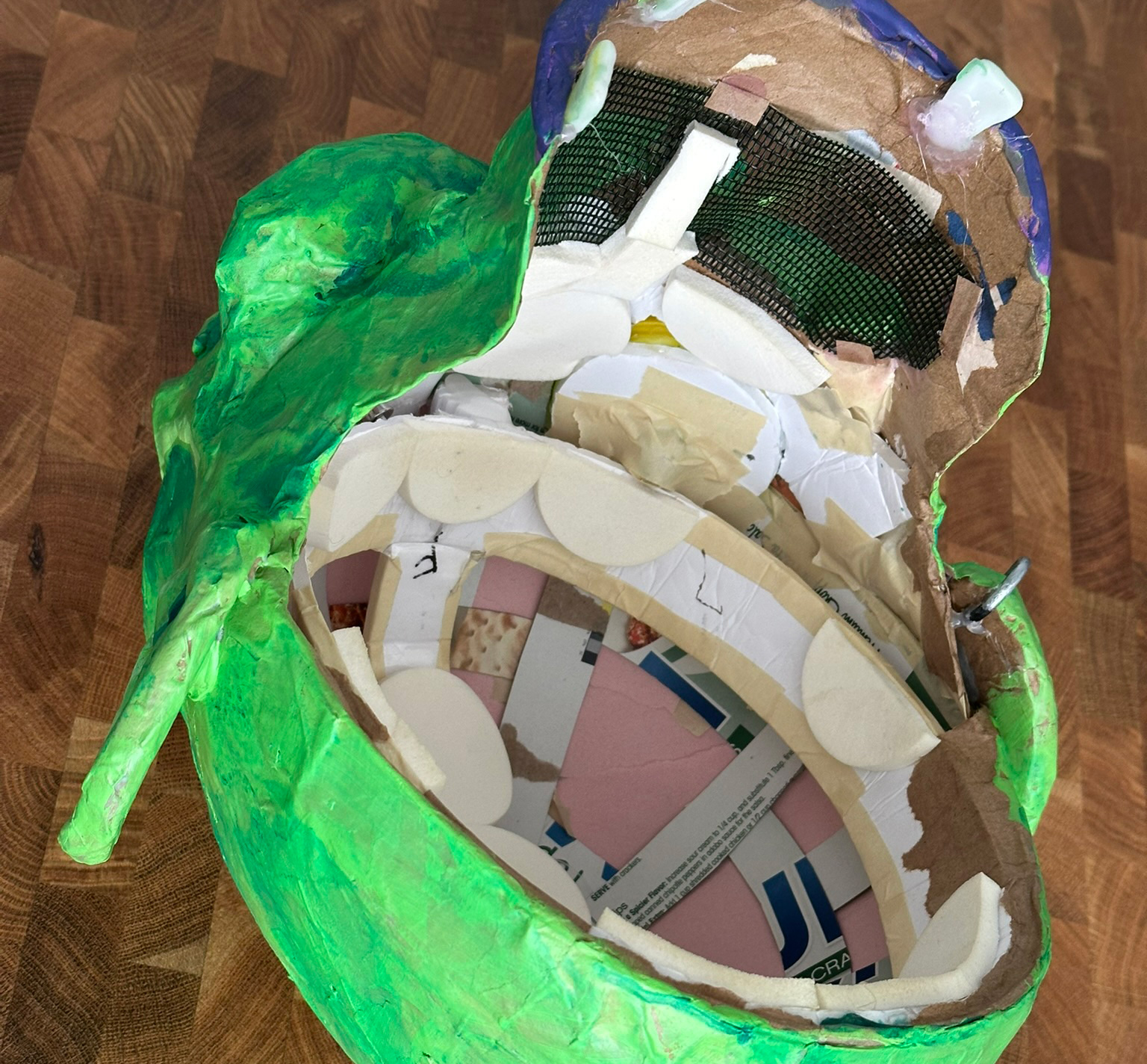 The interior of the mask, showing the screen material behind the eye holes.