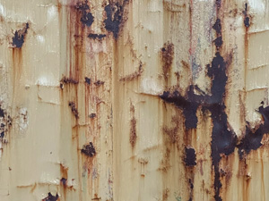 The side of a dumpster that was painted yellow and now there are big cracked peeling areas in the paint and some big dark rusty stains