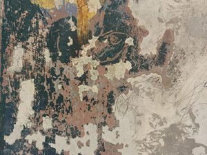Scraped paint on a wall showing many different layers and colors in random areas; off white, dark green, orange-ish brown, etc.